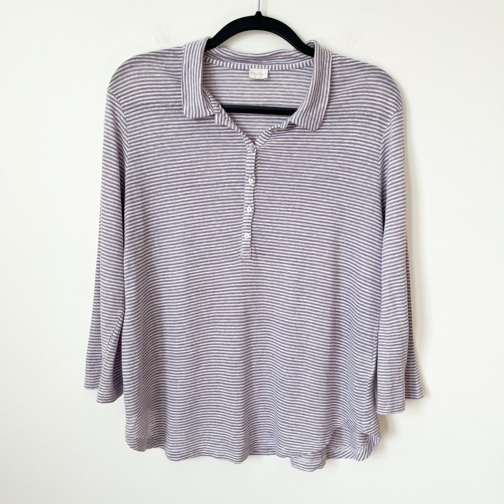 Poetry 100% Linen Striped Polo Shirt 3/4 Sleeve Purple White Womens 12